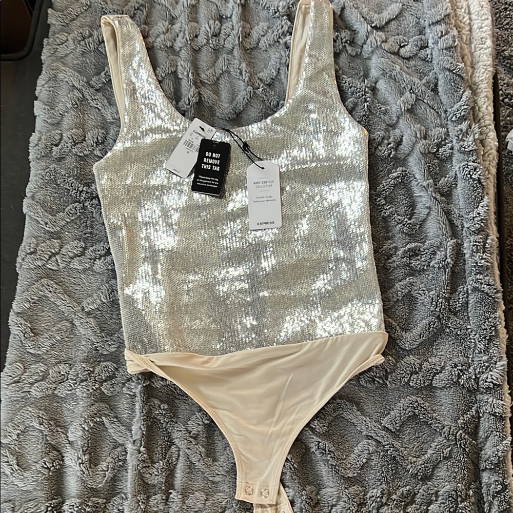 Express Silver Cream Sequin Bodysuit Top